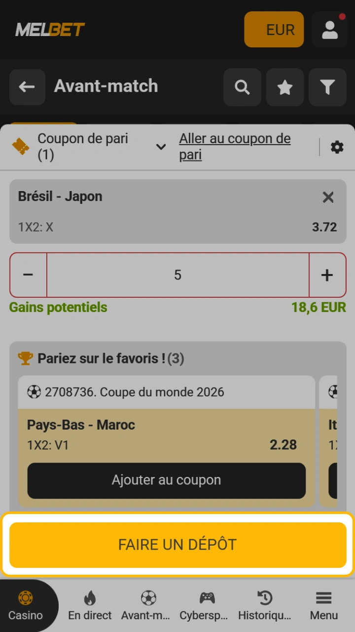 Vérifiez votre ticket de pari et rechargez rapidement votre compte via l'application Melbet.