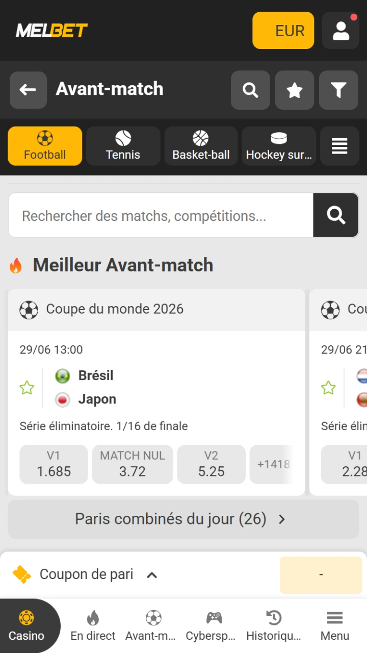 L'application intuitive Melbet facilite le choix d'un événement sportif.