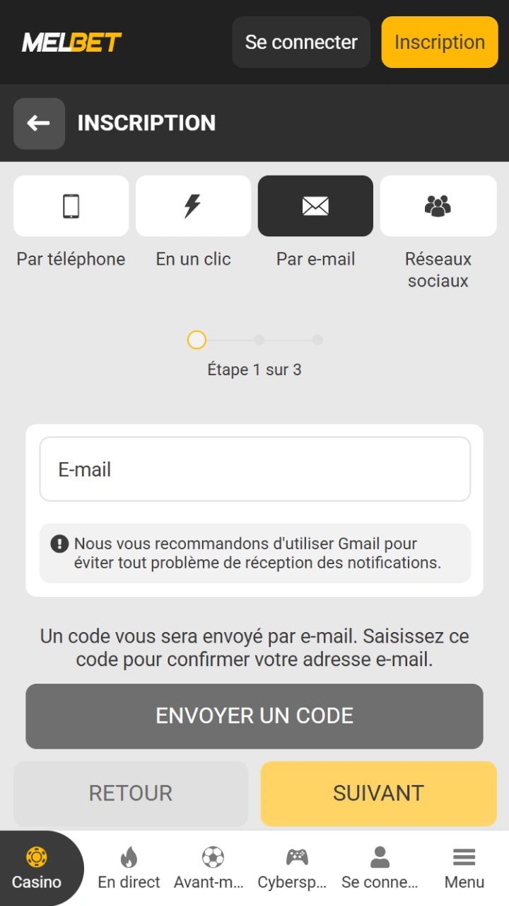 Complétez le processus de connexion sécurisée ou d'inscription par e-mail sur le site web de Melbet.