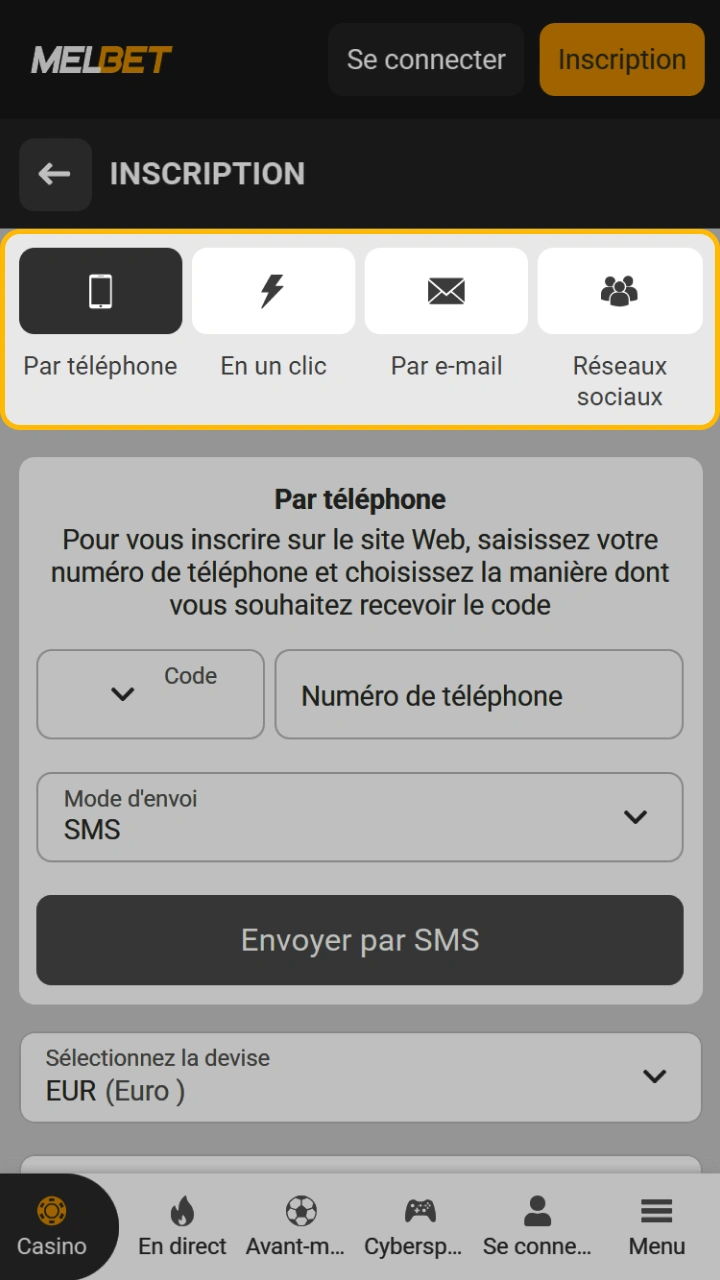 Choisissez la méthode qui vous convient le mieux pour vous inscrire rapidement sur Melbet.