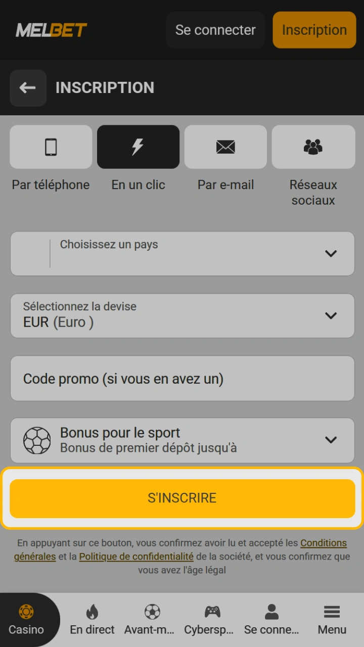 Inscrivez-vous en un clic et commencez à parier immédiatement sur Melbet.