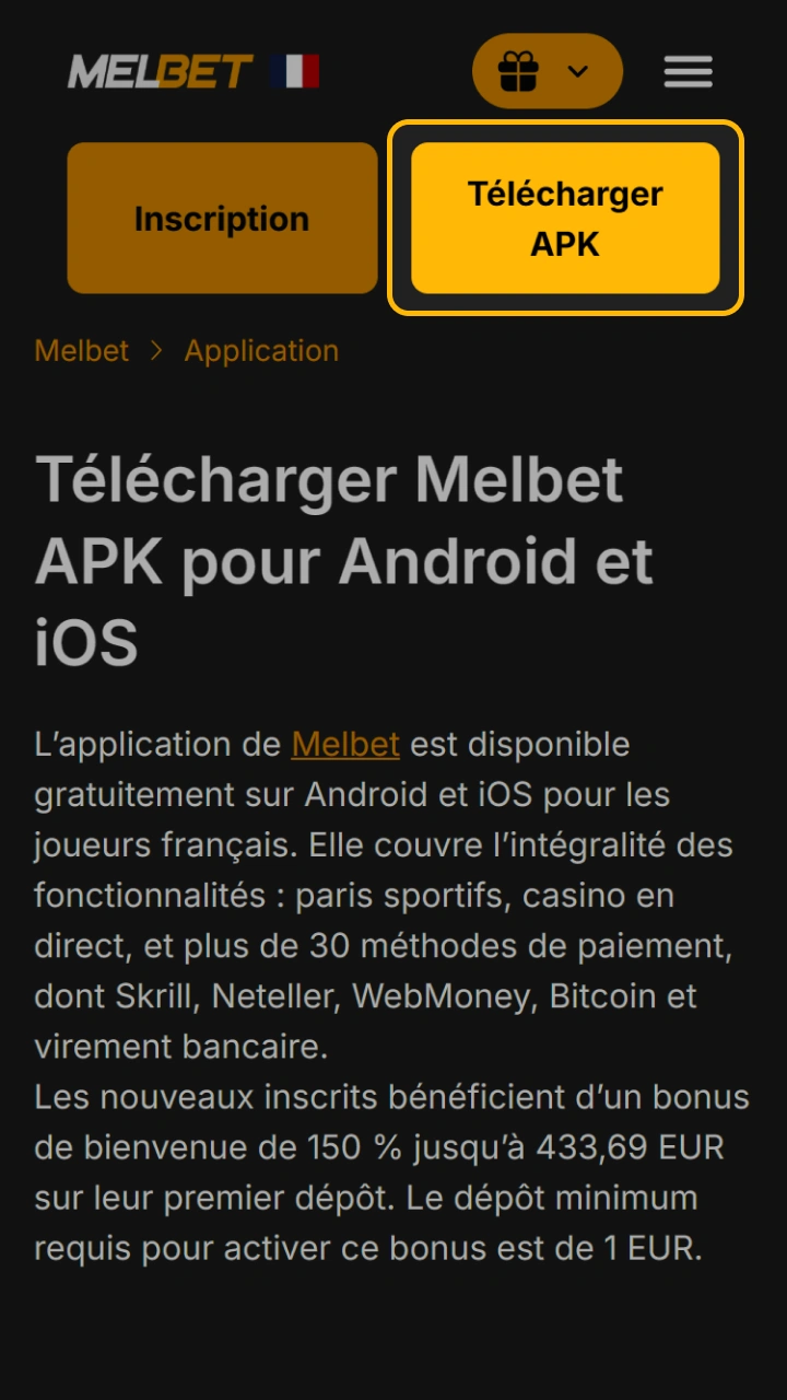 Cliquez sur le bouton dédié pour télécharger facilement l'application Melbet APK.