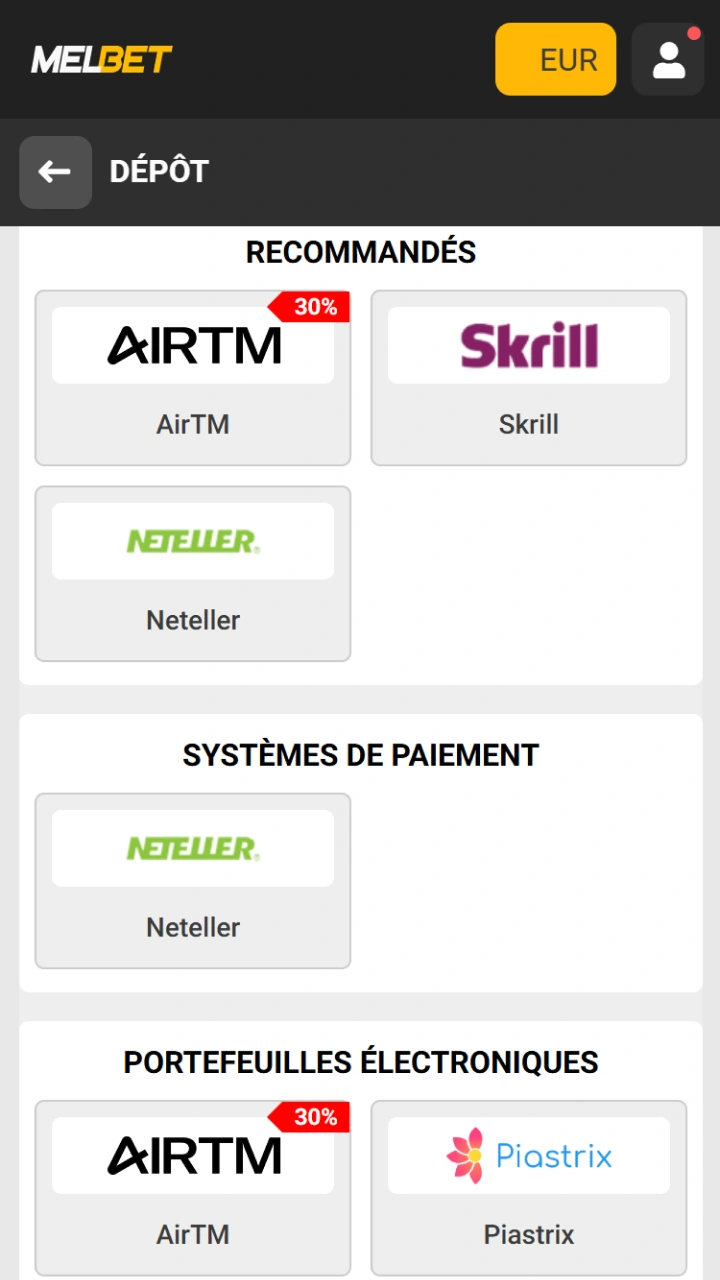 Pour recharger votre compte Melbet, choisissez l'un des nombreux systèmes de paiement fiables.