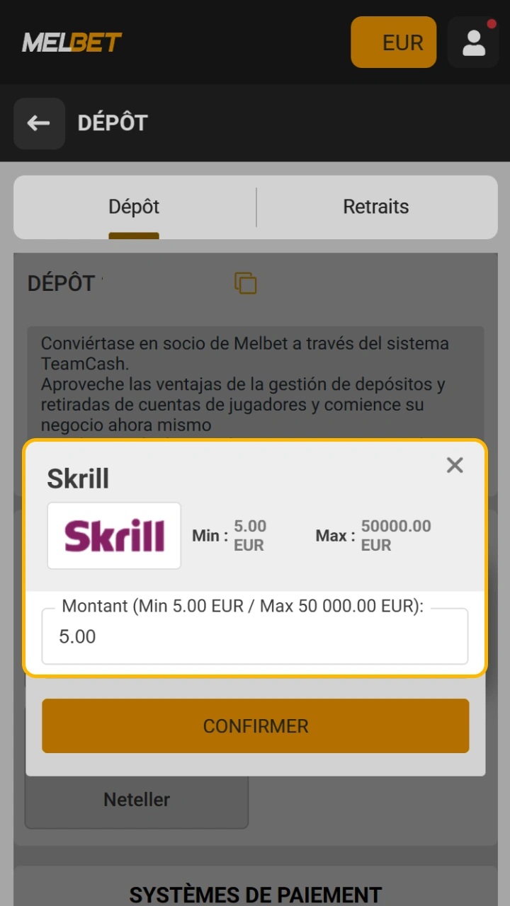 Déposez votre montant en toute sécurité via Skrill sur la plateforme Melbet.