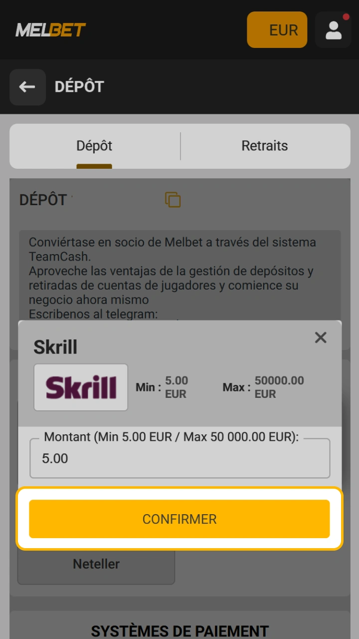 Confirmez la transaction pour commencer à jouer sur la plateforme Melbet.