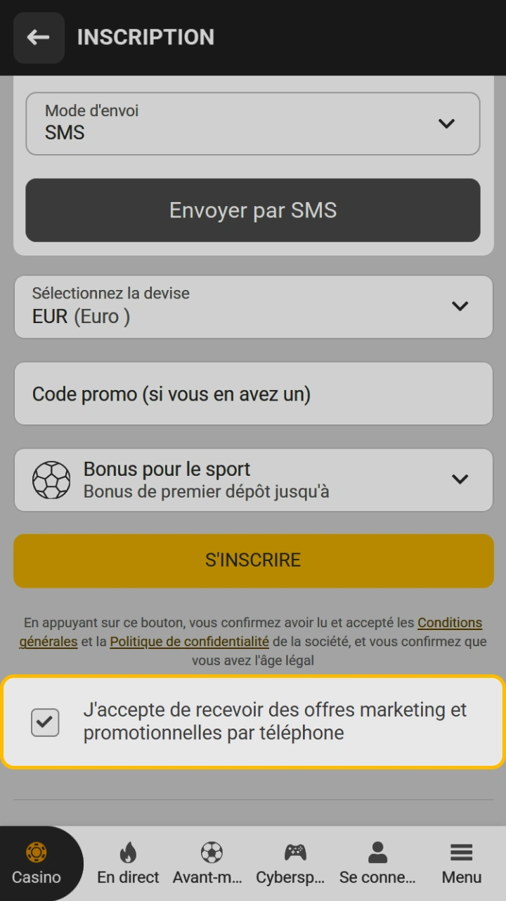 Acceptez les conditions d'utilisation pour confirmer votre inscription à Melbet.