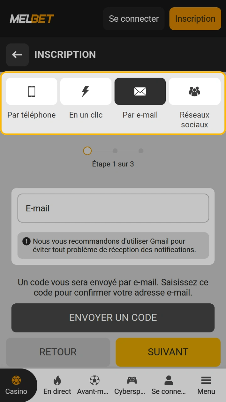 Choisissez une méthode d'inscription qui vous convient pour rejoindre facilement la communauté Melbet.