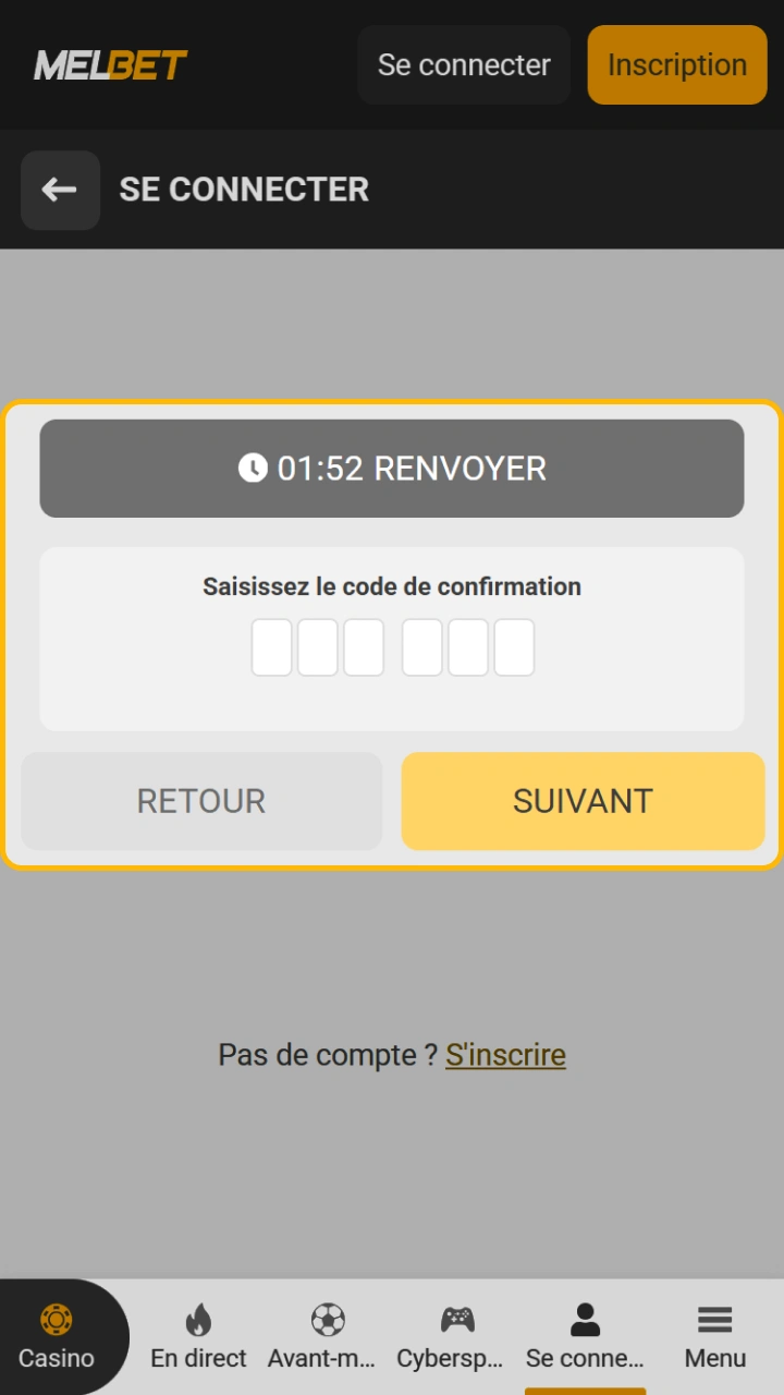 Veuillez saisir votre code de confirmation de sécurité pour accéder à Melbet.