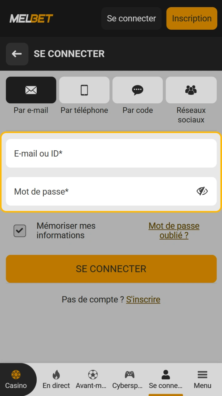 Saisissez vos identifiants pour vous connecter à la plateforme Melbet.