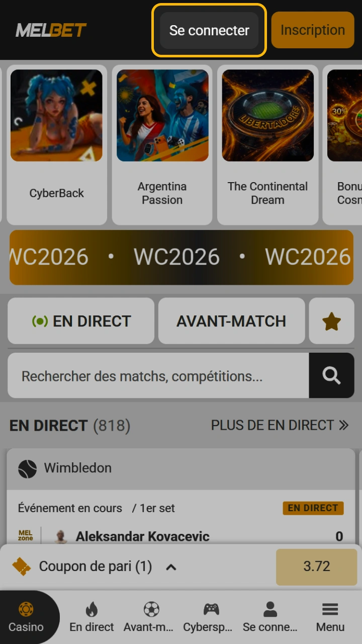 Trouvez le bouton de connexion pour vous connecter rapidement au site web de Melbet.
