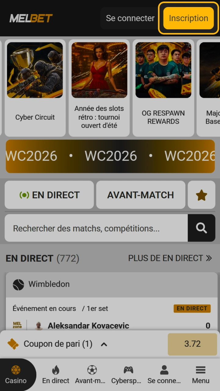 Cliquez sur le bouton d'inscription pour commencer votre aventure de jeu sur Melbet.