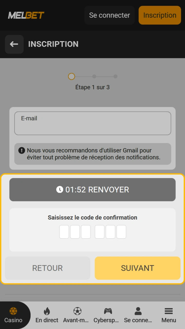Veuillez confirmer votre adresse e-mail afin de garantir la sécurité complète de votre nouveau compte Melbet.