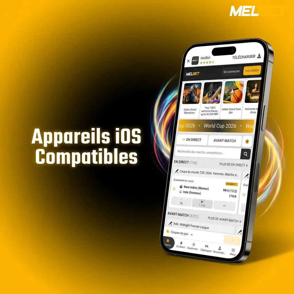 Liste des appareils iOS compatibles avec l'application Melbet, incluant iPhone X à 15 et iPad Air et Pro récents.