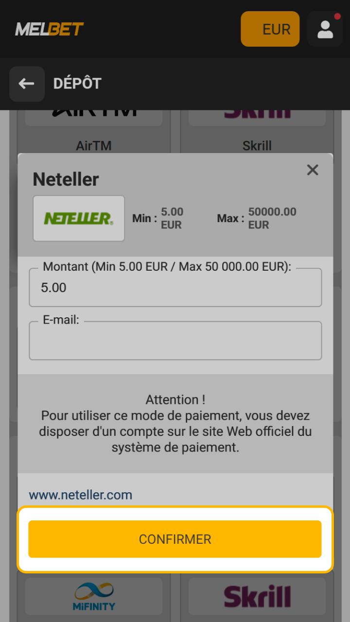 Pour recharger votre compte de jeu Melbet, connectez-vous au site web ou à l'application.
