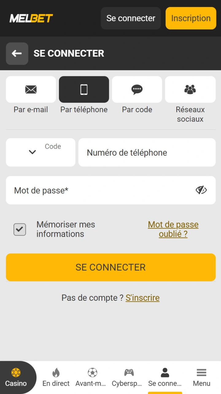 Connectez-vous facilement pour approvisionner votre compte de jeu Melbet.
