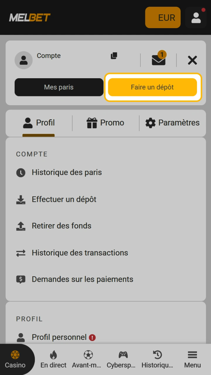 Accès instantané à la section dépôt de votre compte depuis votre compte personnel Melbet.