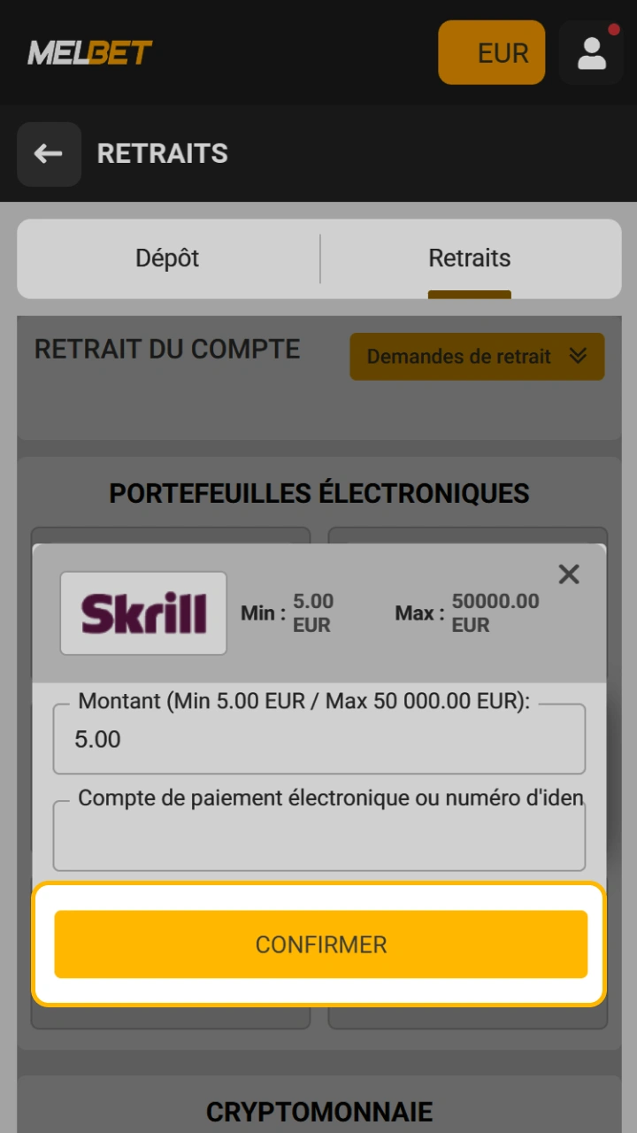 Confirmez votre demande de retrait Melbet de manière totalement sécurisée.