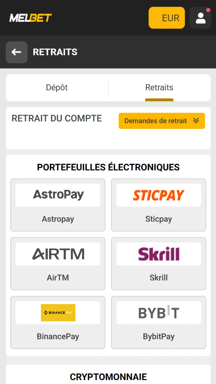 Choisissez votre portefeuille électronique préféré pour des retraits rapides vers Melbet.