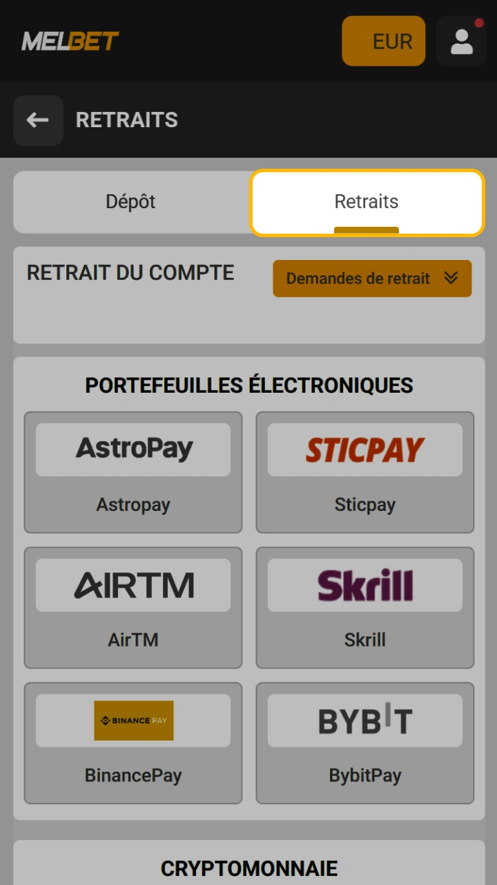 Ouvrez l'onglet Retrait pour recevoir vos gains sur Melbet.