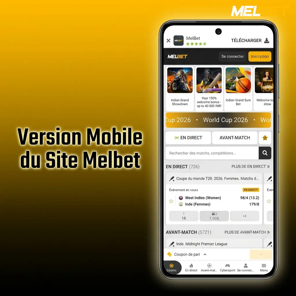 Site mobile Melbet accessible sur smartphones et tablettes iOS Android, avec paris sportifs, casino et transactions disponibles